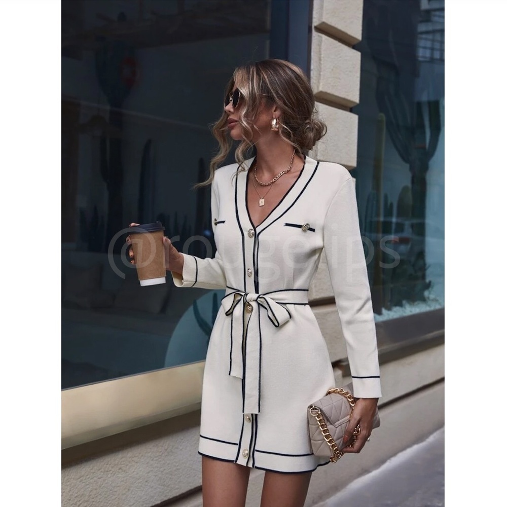 Beige Knit Belted Dress Long Sleeve, Button Through Contrast Black Piping Trim - Picture 5 of 11